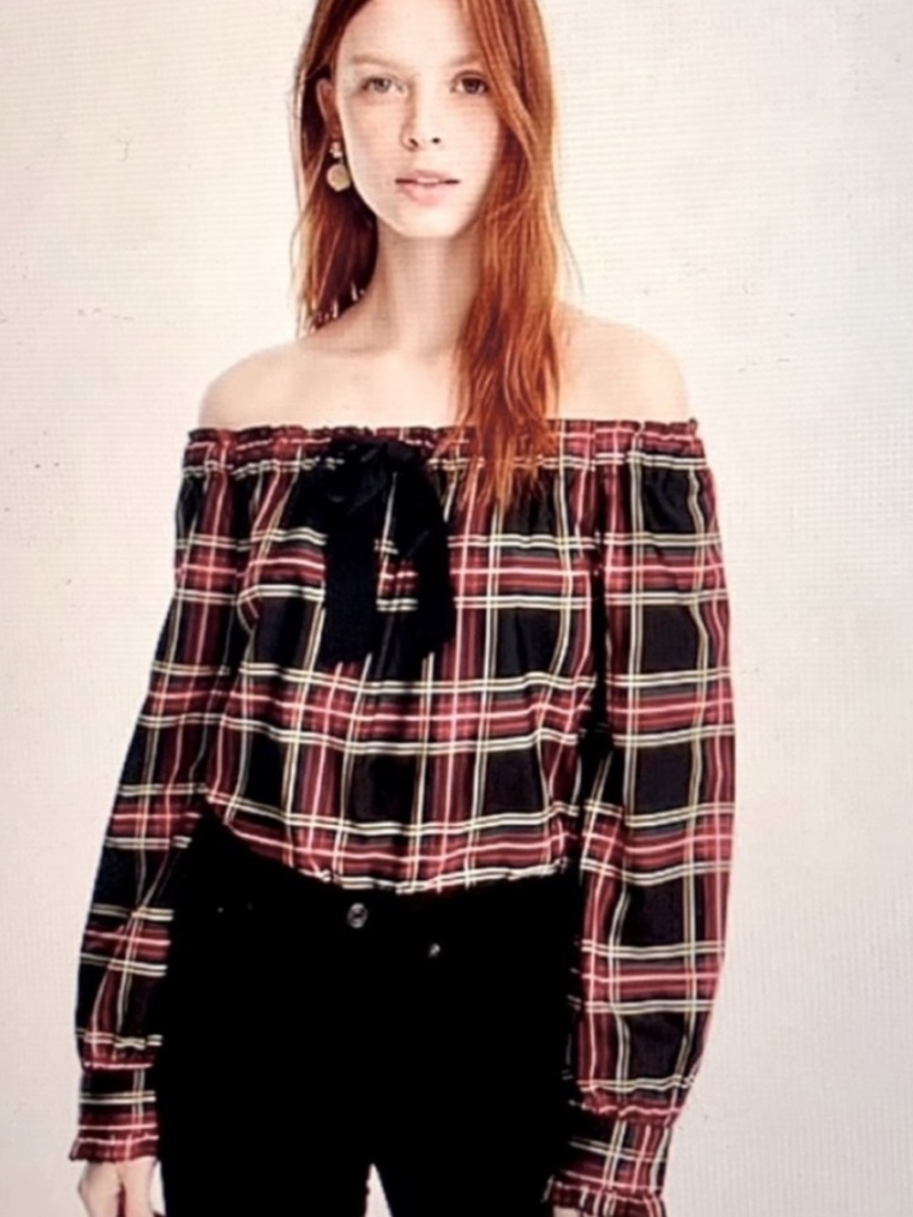 J. Crew Black and Red Plaid Off-Shoulder Blouse Size S